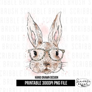 Watercolour Easter Bunny wearing leopard print glasses with pink background splash sublimation PNG Design