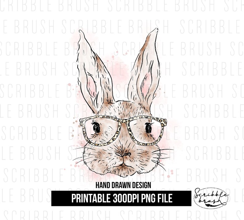 Watercolour Easter Bunny wearing leopard print glasses with pink background splash sublimation PNG Design