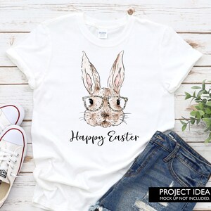 Watercolour Easter Bunny with leopard print glasses design white lady shirt mockup