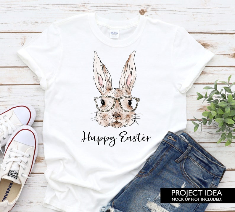 Watercolour Easter Bunny with leopard print glasses design white lady shirt mockup