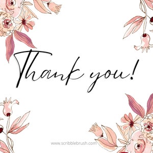 May include: A thank you card with a watercolor floral border in shades of pink and white. The text "Thank you!" is written in black cursive.