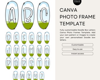 Doodle Box Letter Canva Photo Frames Template, Editable Drag and Drop Pattern and Images Alpha Set