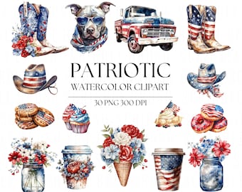 Watercolor 4th of July Clipart: Patriotic Floral Designs (PNG)