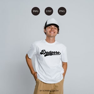 Dodgers Baseball Team svg cut files, Dodgers svg, Game day, Printable PNG, Laser Engraving DXF, Baseball Shirt, sweatshirt, jersey, Baseball mom, mama, dad, boy wearing white shirt mockup
