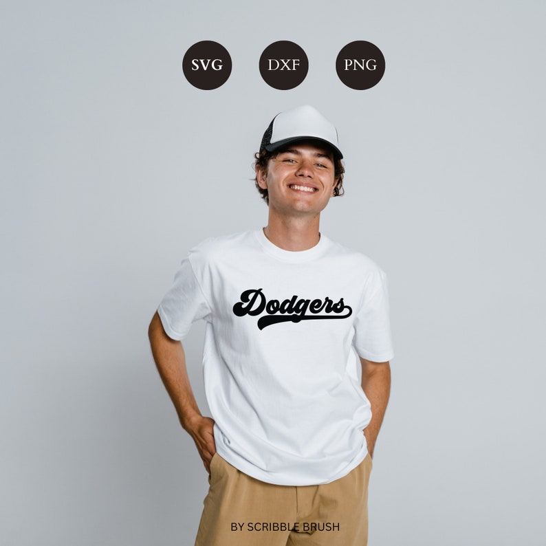 Dodgers Baseball Team svg cut files, Dodgers svg, Game day, Printable PNG, Laser Engraving DXF, Baseball Shirt, sweatshirt, jersey, Baseball mom, mama, dad, boy wearing white shirt mockup