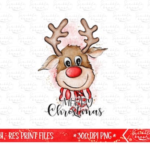 Merry Christmas Reindeer sublimatie PNG-ontwerp, kerst PNG-sublimatie, feestdagen aquarel clipart png, afdrukbare Rudolph Reindeer, dtg