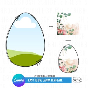 May include: An Easter egg design featuring a landscape illustration and floral elements. The design is a Canva template, with the text "EASY TO USE CANVA TEMPLATE" and the Scribble Brush logo.