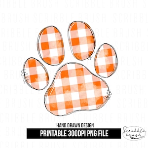 Orange Plaid Dog Paw Print Sublimation Design PNG, Hand Drawn Dog Paw Print Printable PNG, Plaid Dog Paw DTG, Digital Download