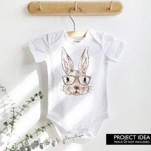 Watercolour Easter Bunny with leopard print glasses sublimation design baby onesie mockup preview