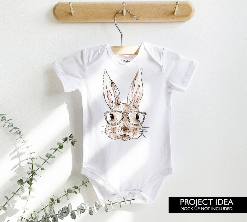 Watercolour Easter Bunny with leopard print glasses sublimation design baby onesie mockup preview