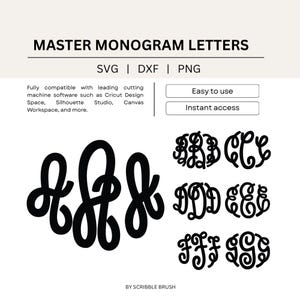Fuente de monograma SVG, archivos de corte de monograma maestro de tres letras Circle, fuente Silhouette y Cricut, grabado, letras cortadas con láser vectoriales, archivo PNG