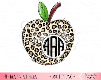 Leopard Print Apple Monogram Frame: Teacher Sublimation PNG (Digital Download)