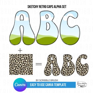 Op de afbeelding: Een grafisch ontwerp sjabloon met de letters A, B en C in een retro, cartoon stijl. De letters zijn zwart omlijnd en gevuld met een ontwerp van blauwe lucht en groen gras. De letters worden getoond met en zonder een luipaardprint.
