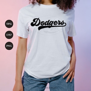 Dodgers Baseball Team svg cut files, Dodgers svg, Game day, Printable PNG, Laser Engraving DXF, Baseball Shirt, sweatshirt, jersey, Baseball mom, mama, dad, woman wearing white shirt, sublimation design