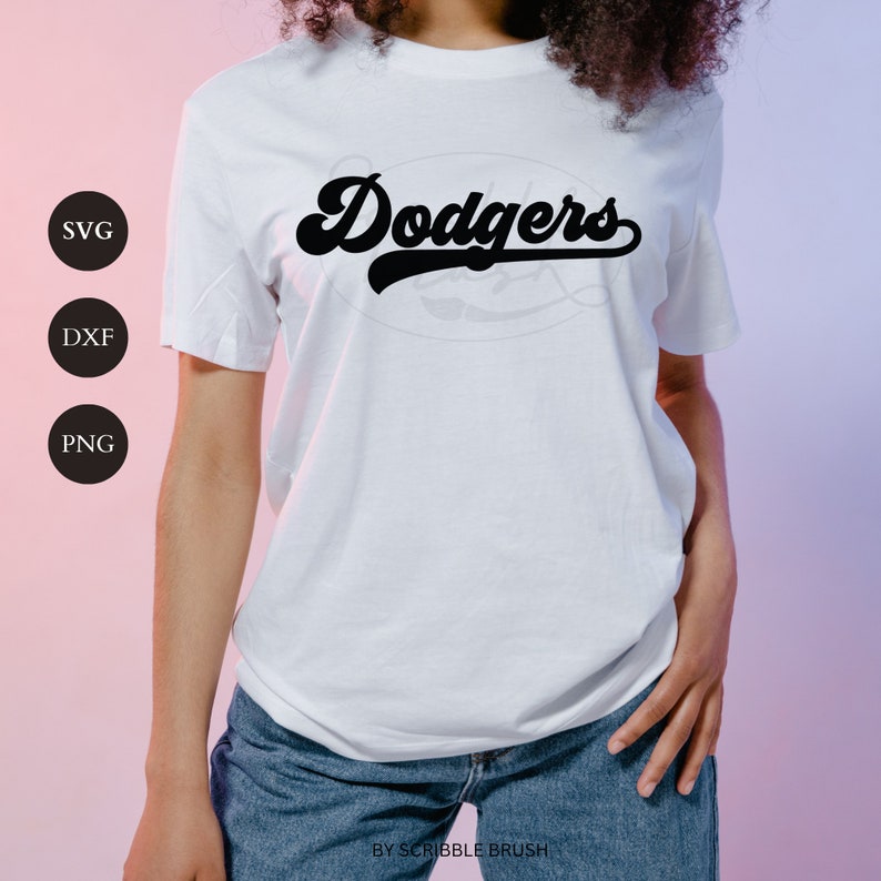 Dodgers Baseball Team svg cut files, Dodgers svg, Game day, Printable PNG, Laser Engraving DXF, Baseball Shirt, sweatshirt, jersey, Baseball mom, mama, dad, woman wearing white shirt, sublimation design