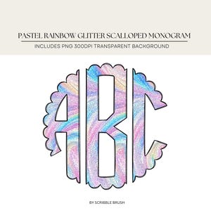Peut inclure: Monogramme en paillettes arc-en-ciel pastel avec des bords festonnés. Les lettres sont A, B et C. L'arrière-plan est un tourbillon de couleurs pastel avec un effet pailleté.