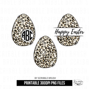 Op de afbeelding: Drie paaseieren met luipaardprint, één met de letters ABC in een cirkel, één met de tekst "Happy Easter" en één met een luipaardprint.