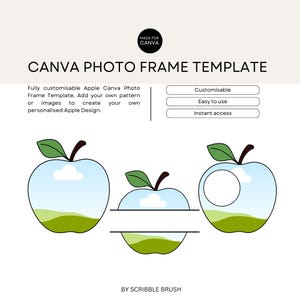 May include: A Canva photo frame template with apple designs. The template includes three apple shapes with customizable spaces for photos or patterns. Text on the image reads "CANVA PHOTO FRAME TEMPLATE" and "MADE FOR CANVA".