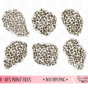 May include: Five digital clipart images of leopard print spots in various shapes. The spots are a light beige color with black spots. The images are on a white background.
