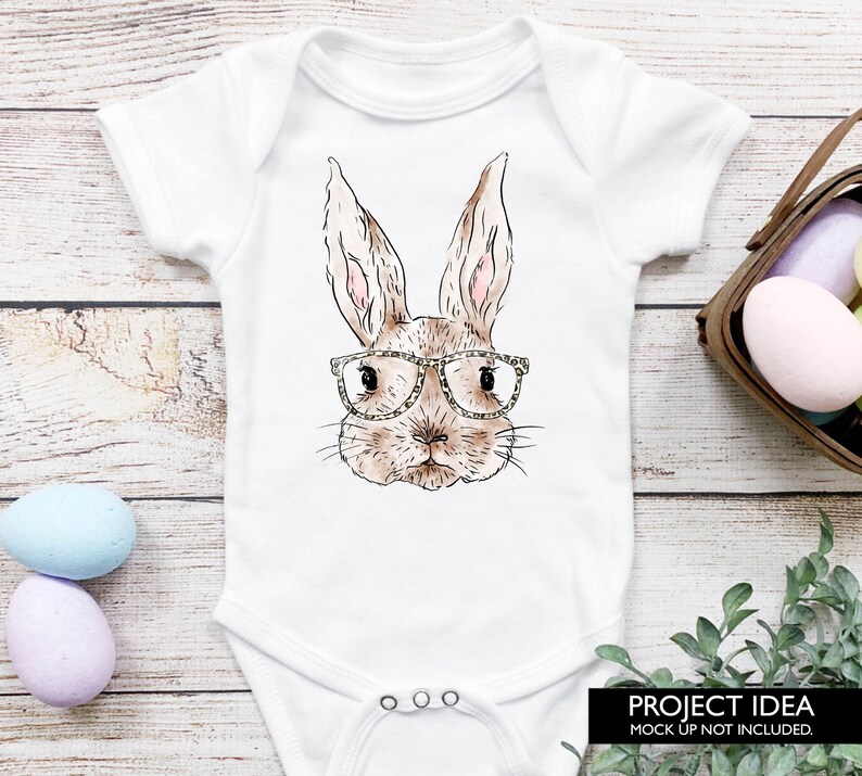 Watercolour Easter Bunny with leopard print glasses sublimation design baby onesie mockup