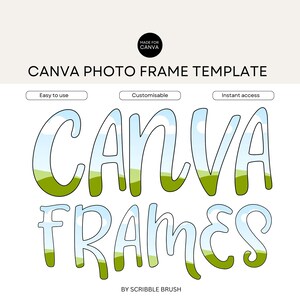Op de afbeelding: Canva fotolijst sjabloon met het woord "CANVA" en "FRAMES" in een gestileerde lettertype met een blauwe lucht en groene gras achtergrond.