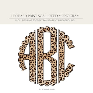 May include: A leopard print monogram with a scalloped edge, featuring the letters ABC. The design includes a transparent background and is suitable for various applications. The text "LEOPARD PRINT SCALLOPED MONOGRAM" is at the top.