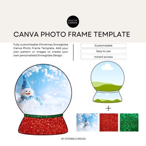 May include: A Canva photo frame template for creating a Christmas snow globe design. The template features a snowman, a blue sky, and a white cloud. The frame is customisable and easy to use. The template is available for instant access.