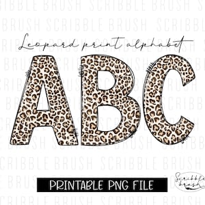 Lettere dell&#39;alfabeto con stampa leopardata in formato PNG, sublimazione del carattere leopardato, lettere dell&#39;alfabeto con stampa leopardata in formato doodle, clipart dell&#39;alfabeto leopardato, download digitale