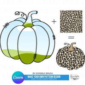 May include: A digital design template for creating a pumpkin pattern. The template shows a simple outline of a pumpkin with a light blue interior and green stem. The design is combined with a leopard print pattern to create a patterned pumpkin.