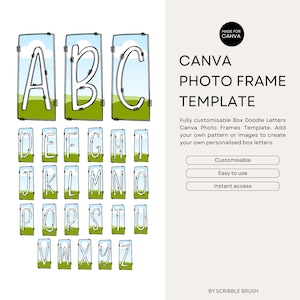 Canva-lijstsjabloon, doodle lege doosletters, bewerkbare fotovulalfabet, maak je eigen alfaset met slepen en neerzetten Canva-fotolijst