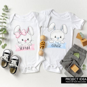 Osterhasen-Mädchen-Jungen-Sublimationsentwurf PNG, Osterhasen-Zwillinge, Bruder, Schwester druckbare PNG, Ostern Strampelanzug-Designs, Baby-Namensschild, DTG
