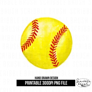 May include: A hand-drawn illustration of a yellow softball with red stitching. The softball is isolated on a white background. The image is a printable 300 DPI PNG file.
