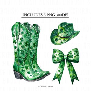 Botas de vaquera verdes PNG Clipart, sombrero de hola de chica de campo del día de San Patricio, descarga imprimible de lazo de trébol coqueto, botas de vaquero PNG de sublimación