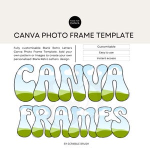 Leere Retro-Gekritzel-Buchstaben Canva-Fotorahmen-Vorlage, bearbeitbares Ziehen-und-Ablegen-Muster oder Bilder Groovy Alpha Set Rahmen
