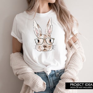 Watercolour Easter Bunny with leopard print glasses sublimation design women shirt mockup
