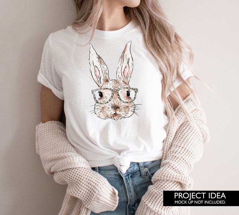 Watercolour Easter Bunny with leopard print glasses sublimation design women shirt mockup