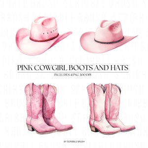 Pink Cowgirl Boots PNG Clipart, Watercolour Country Girl Pink Hat, Printable Digital Download, Cowboy Boots Sublimation PNG