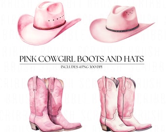 Pink Cowgirl Boots PNG Clipart, Watercolour Country Girl Pink Hat, Printable Digital Download, Cowboy Boots Sublimation PNG, Western ClipArt