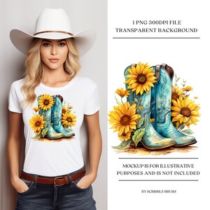 Botas de vaquera PNG, botas turquesas con girasoles de chica campestre en acuarela, descarga digital imprimible, sublimación de botas de vaquero PNG