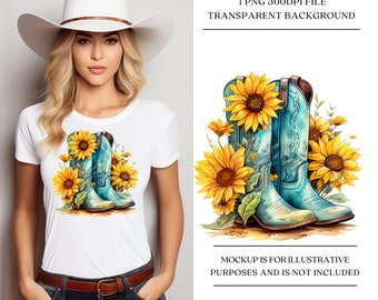 Cowgirl Stiefel PNG Clipart: Aquarell Türkis Stiefel, Sonnenblumen (Digitaler Download)