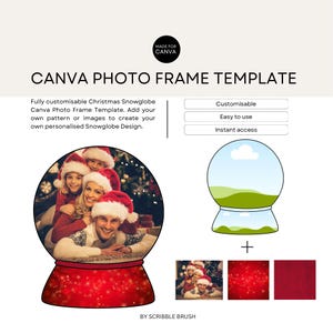 May include: A customizable Canva photo frame template for creating a Christmas snow globe design. The template features a snow globe with a family inside, a blank snow globe, and a red and white background.