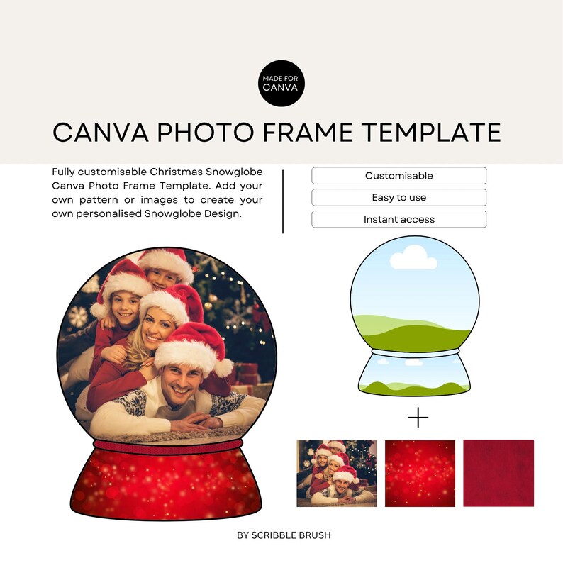 May include: A customizable Canva photo frame template for creating a Christmas snow globe design. The template features a snow globe with a family inside, a blank snow globe, and a red and white background.