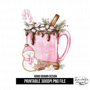 Pink Hot Chocolate Gingerbread Christmas Mug Sublimation PNG Design, Gingerbread PNG, Hot Cocoa Candy Cane, Christmas Card Printable, Digital Download Hot Chocolate Png image