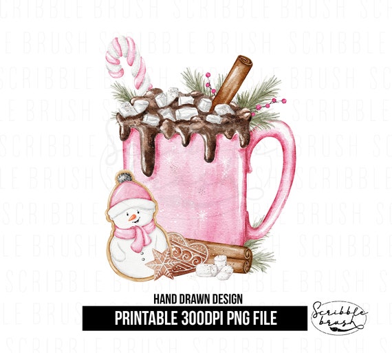 Pink Christmas Mug PNG: Hot Chocolate, Gingerbread Design (Digital Download)