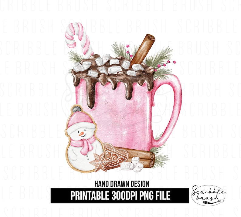 Pink Hot Chocolate Gingerbread Christmas Mug Sublimation PNG Design, Gingerbread PNG, Hot Cocoa Candy Cane, Christmas Card Printable, Digital Download Hot Chocolate Png image