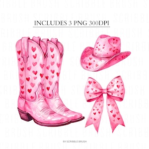 Botas de vaquera rosas PNG Clipart, sombrero de corazones rosas para chica de campo para el día de San Valentín, descarga imprimible de lazo de coqueta, sublimación de botas de vaquero PNG
