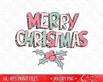Merry Christmas Holly PNG: Leopard Print Doodle Letters (Digital Download)
