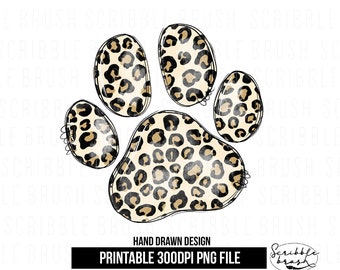 Leopard Print Dog Paw PNG: Hand Drawn Sublimation Design (Digital Download)