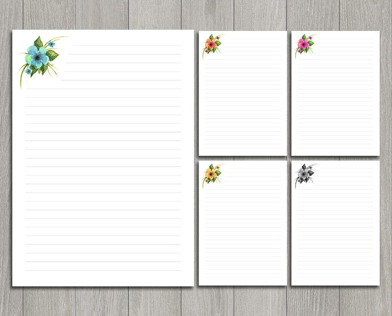 Printable note paper. Floral writing paper set of 5. | Etsy