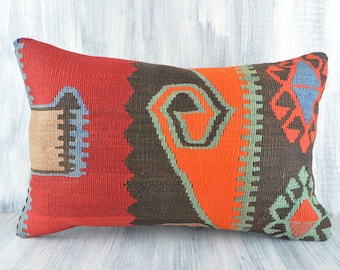 Kilim Pillow Cover,Lumbar Pillow,16x24 Kilim Pillow,Boho Pillow,Outdoor Pillow,Throw Pillow,Bedding Pillow,Embroidered Kilim Pillow 2908